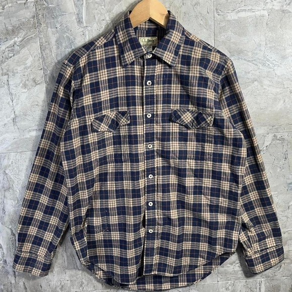 Vintage L.L.Bean blue & cream plaid flannel shirt Mens Size M #flannel #outdoor